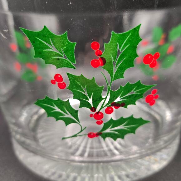 Vintage Indiana Glass Christmas Bowl Green Holly Leaves Red Berries - Picture 2 of 8
